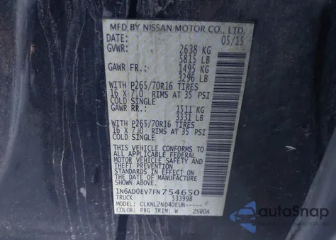 2015 Nissan Frontier Sv z USA, uszkodzony, nr VIN 1N6AD0EV7FN754650